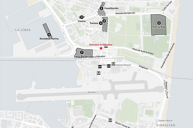 Map of car parks near the Gibraltar frontier